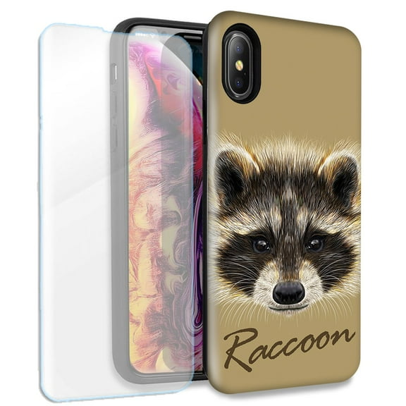 Mundaze Raccoon Double Layer Case w/Glass Screen Protector For Apple iPhone XS Max