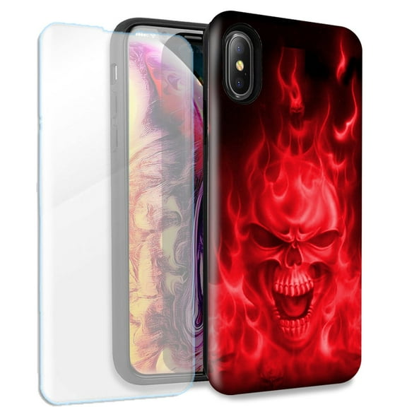 Mundaze Red Flaming Skull Double Layer Case w/Glass Screen Protector For Apple iPhone X/XS