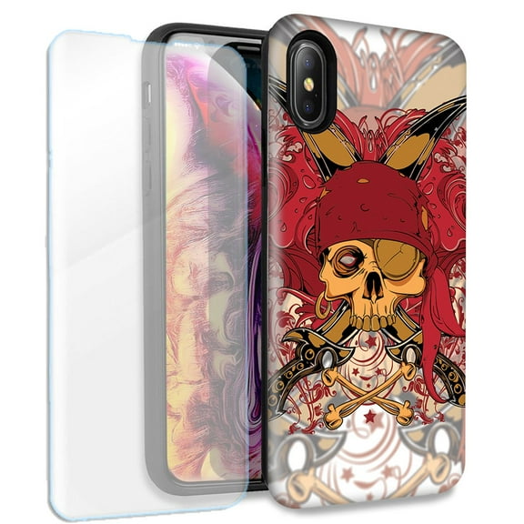 Mundaze Red Pirate Skull Double Layer Case w/Glass Screen Protector For Apple iPhone X/XS