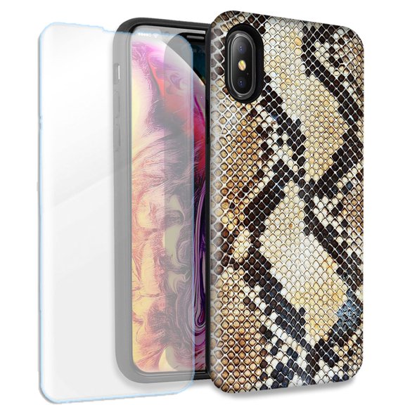 Mundaze Snake Skin Cat Double Layer Case w/Glass Screen Protector For Apple iPhone X/XS