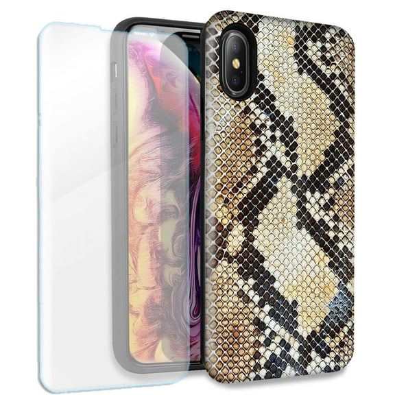 Mundaze Snake Skin Cat Double Layer Case w/Glass Screen Protector For Apple iPhone XS Max