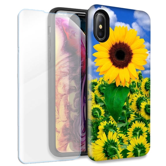 Mundaze Sunflowers Double Layer Case w/Glass Screen Protector For Apple iPhone XS Max