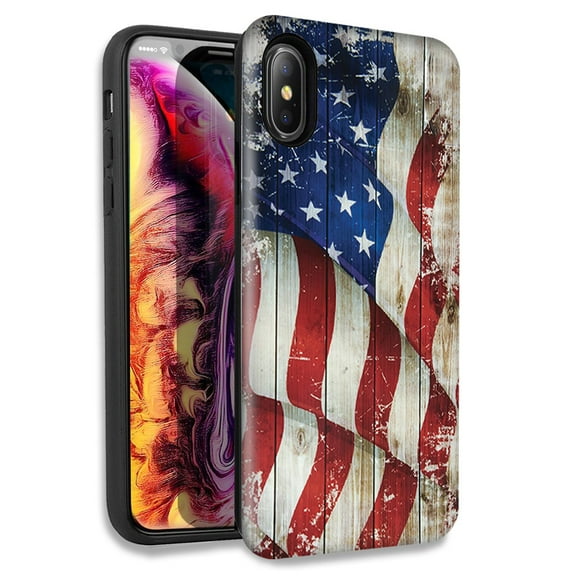 Mundaze Vintage American Flag Double Layer Hybrid Case Cover For Apple iPhone X XS