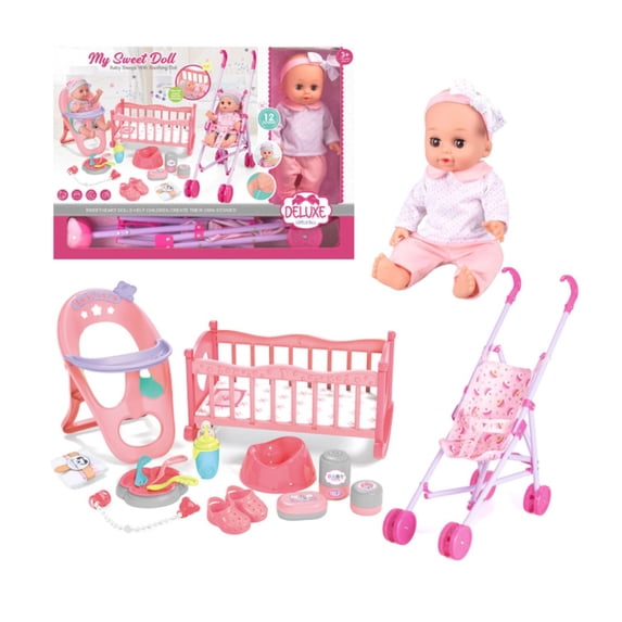 Mundo Toys 14" Baby Doll Nursery Playset, Stroller, Crib, 12 Sounds, Pink, 3+