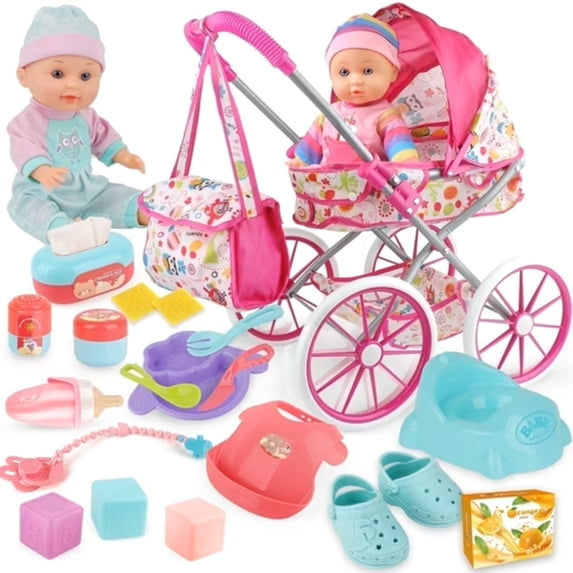 Mundo Toys 14" Baby Doll Nursery Playset, Stroller, Crib, 12 Sounds, Pink, +3