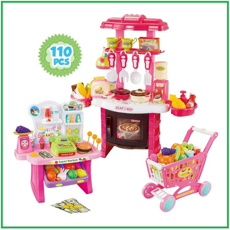 Supermarket Play Set 3 in1 Kitchen Set for Kids Pink 110 Pcs for Toddlers Girls +3 Mundo Toys