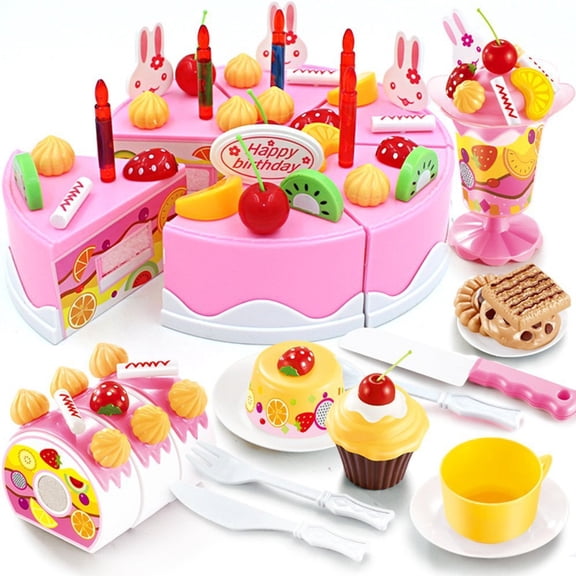 Mundo Toys Pretend Birthday Cake Play Food Set, 75-Piece Pink Cutting Cake Set, Ages 3+