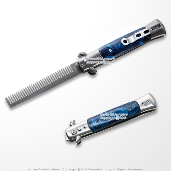 Munetoshi 9" Blue Wood Handle Spring Button Folding Comb Hair Styling Pocket Carrying