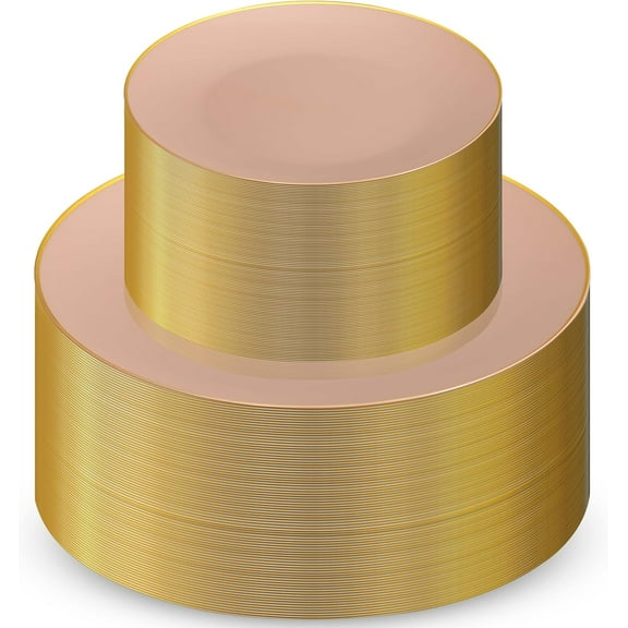 Munfix 100 Pink Gold Plastic Plates Set, 50 Pcs 10.25 Inch Disposable Dinner and 50 Pcs 7.5 Inch Plastic Dessert Plates, Elegant Fancy Heavy Duty for Party, Wedding, Pink with Gold Rim