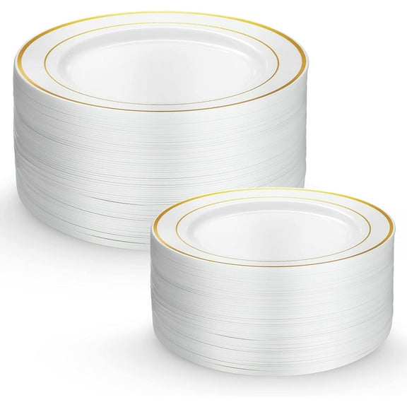 Munfix Elegant Wedding Party Plates, Plastic White and Gold, 60 Count