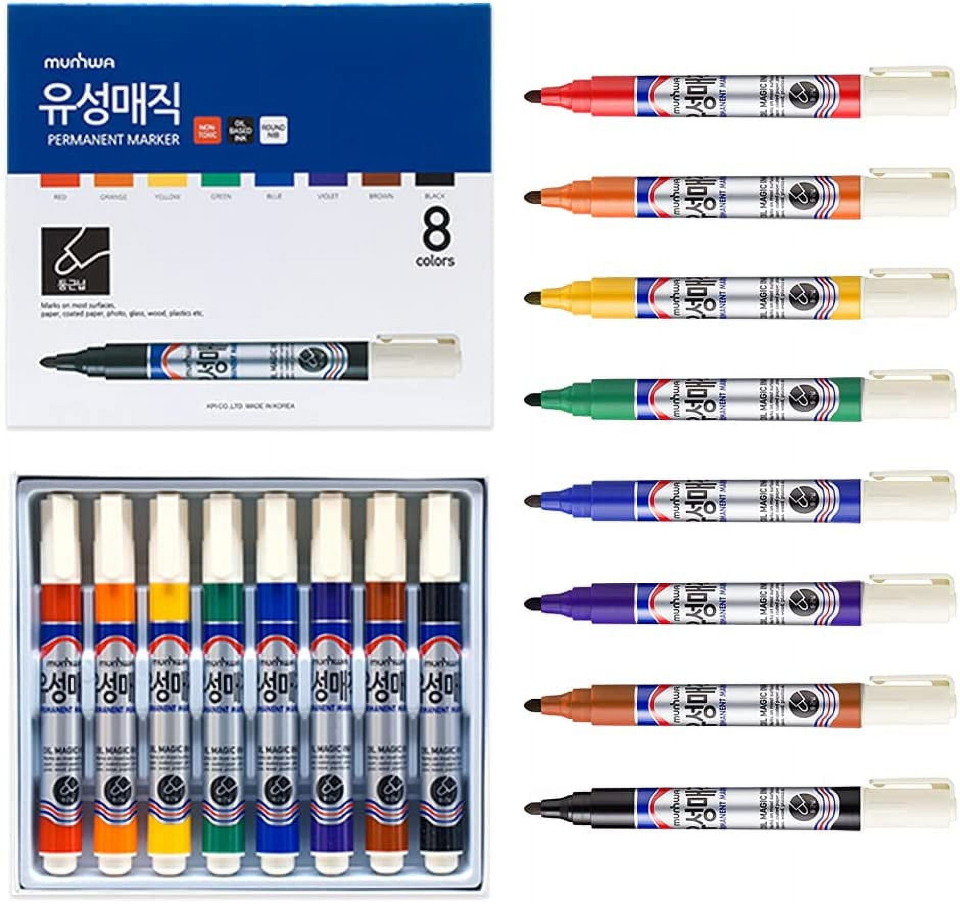 Munhwa Permanent Markers Pens, 8 Colors, Medium Point, Alcohol