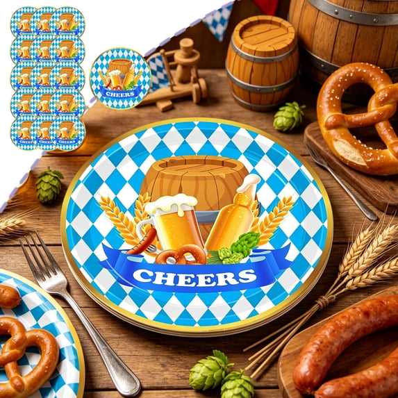 Munich Oktoberfest Themed Disposable Dinnerware Set, Paper Plates Cups Napkins for Party Celebration, 7" Plate (16pcs)