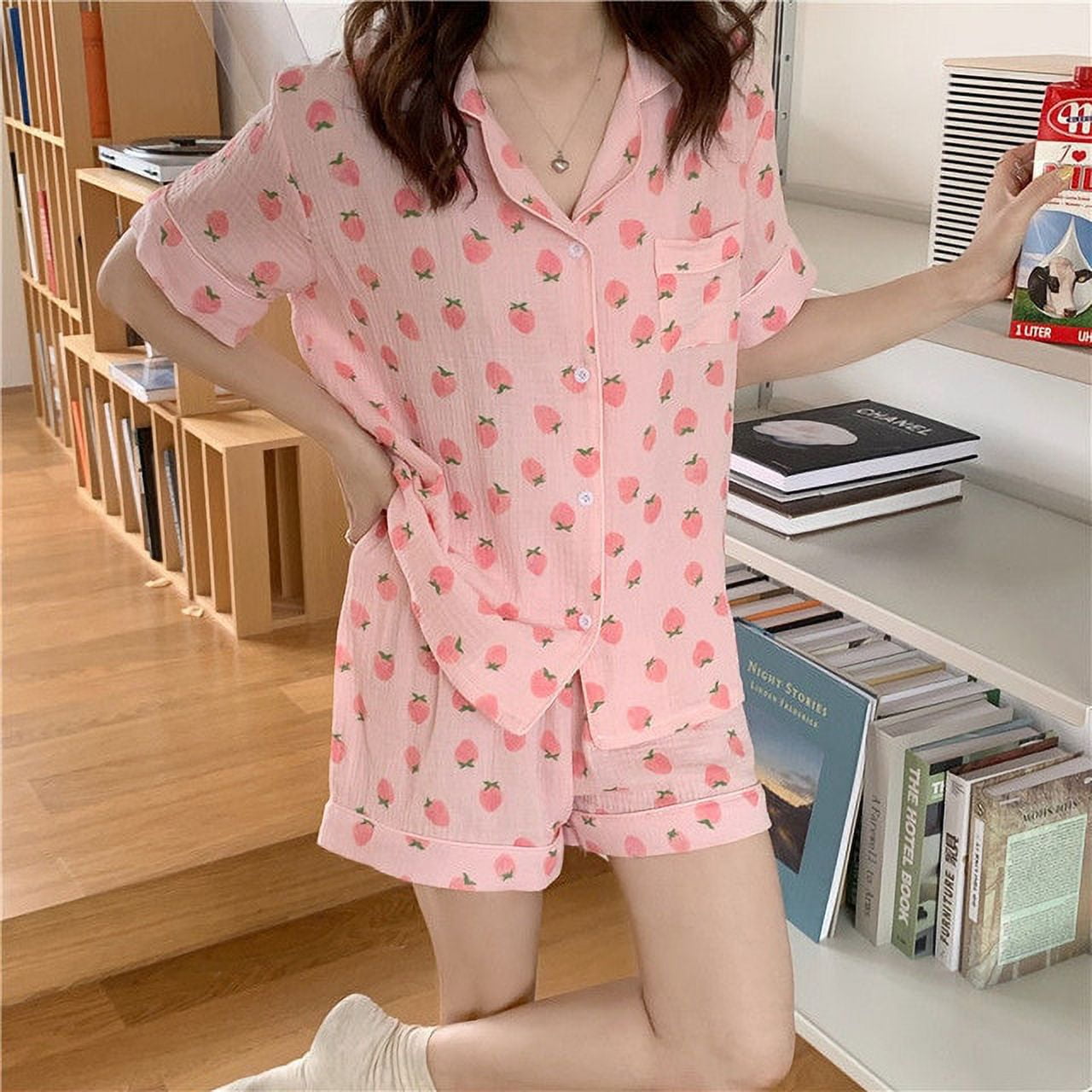 Municipal 100Cotton Gauze Pajamas for Women Long Sleepwear Strawberry