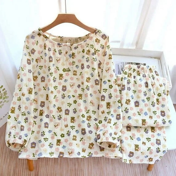 Municipal 100% Cotton Yarn Women Pajamas Sleepwear Floral Print Female 2 Piece Set Pijama Nightwear Spring Pyjamas Home Clothes Loungewear