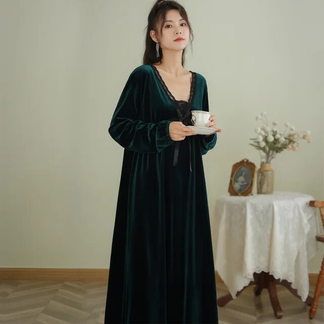 Municipal Autumn Winter Velour Robe Vintage Nightgowns Women Warm