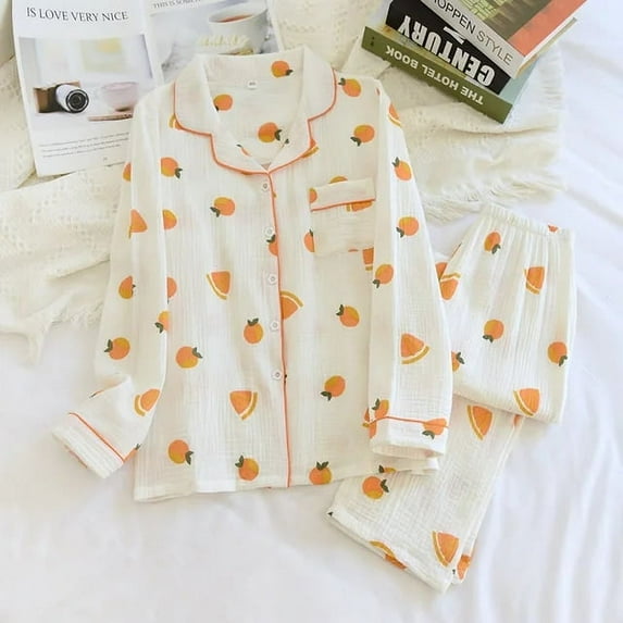 Municipal Autumn Winter Women Pajama Set 100% Cotton Long Sleeved Pants 2 Piece Set Ladies Peach Print Homewear Autumn Thin Sleepwear