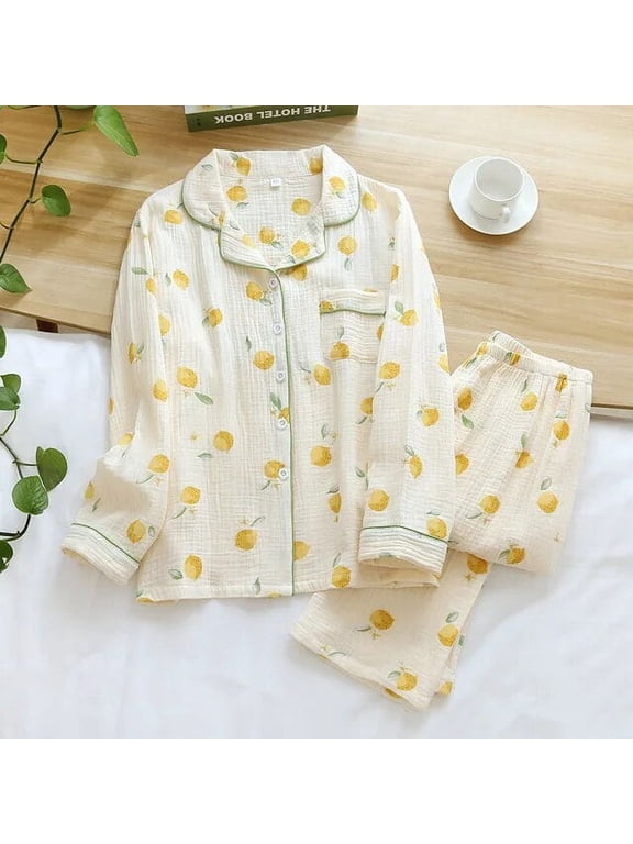 Autumn Winter Women Pajama Set 100% Cotton Long Sleeved Pants 2 Piece Set Ladies Peach Print Homewear Autumn Thin Sleepwear