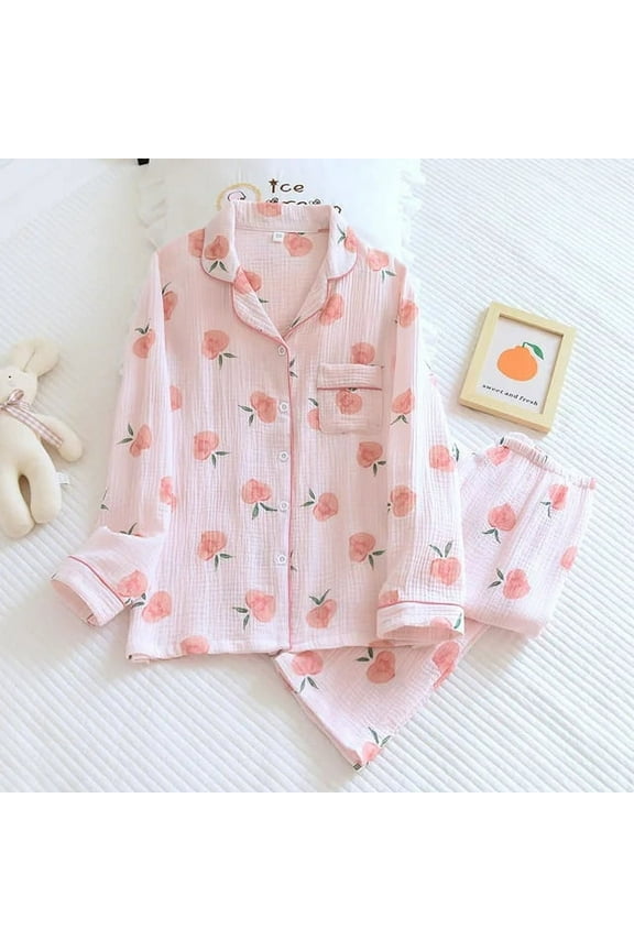 Autumn Winter Women Pajama Set 100% Cotton Long Sleeved Pants 2 Piece Set Ladies Peach Print Homewear Autumn Thin Sleepwear