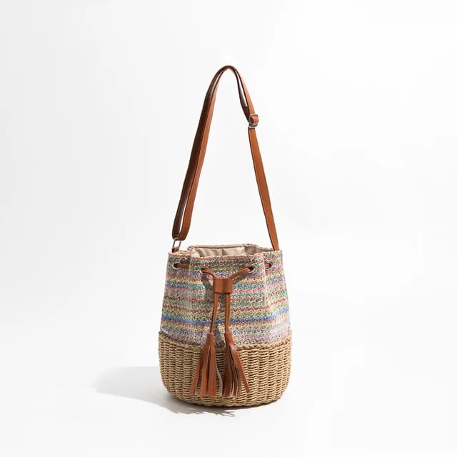 Municipal Colorful Tassel Straw Buckets Bag Handmade Rope Woven