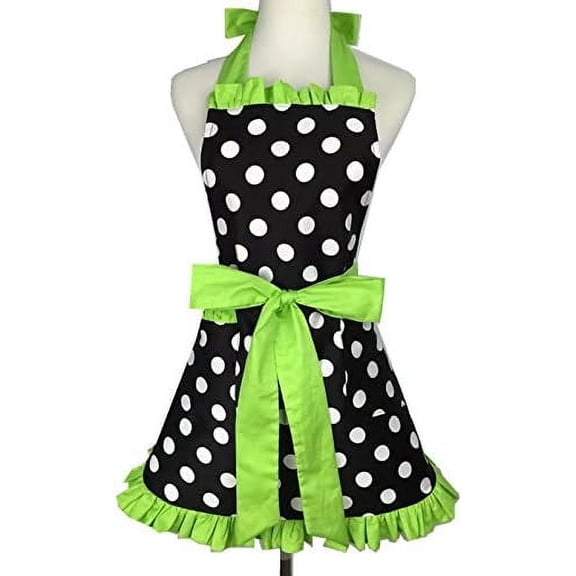 HLSOHJP Cotton Polka Dot Kitchen Apron Ruffle Side Womens Aprons for Cooking Baking Gardening with Pockets