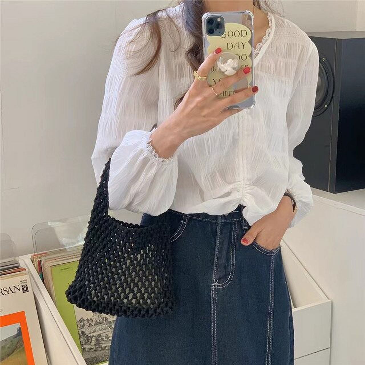 Municipal Fashion Fishnet Women Handbags Hollow Rope Woven Small Tote Bag Handmade Summer Beach Straw Bags Casual Small Holiday Purse 2023 Walmart