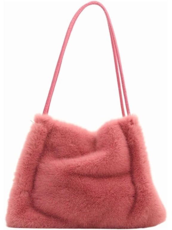 HLSOHJP Faux Fur Tote Bag Women Fuzzy Hobo Bags Bucket Shoulder Bag Trendy Plush Satchels Crossbody Purse Top-Handle Handbag