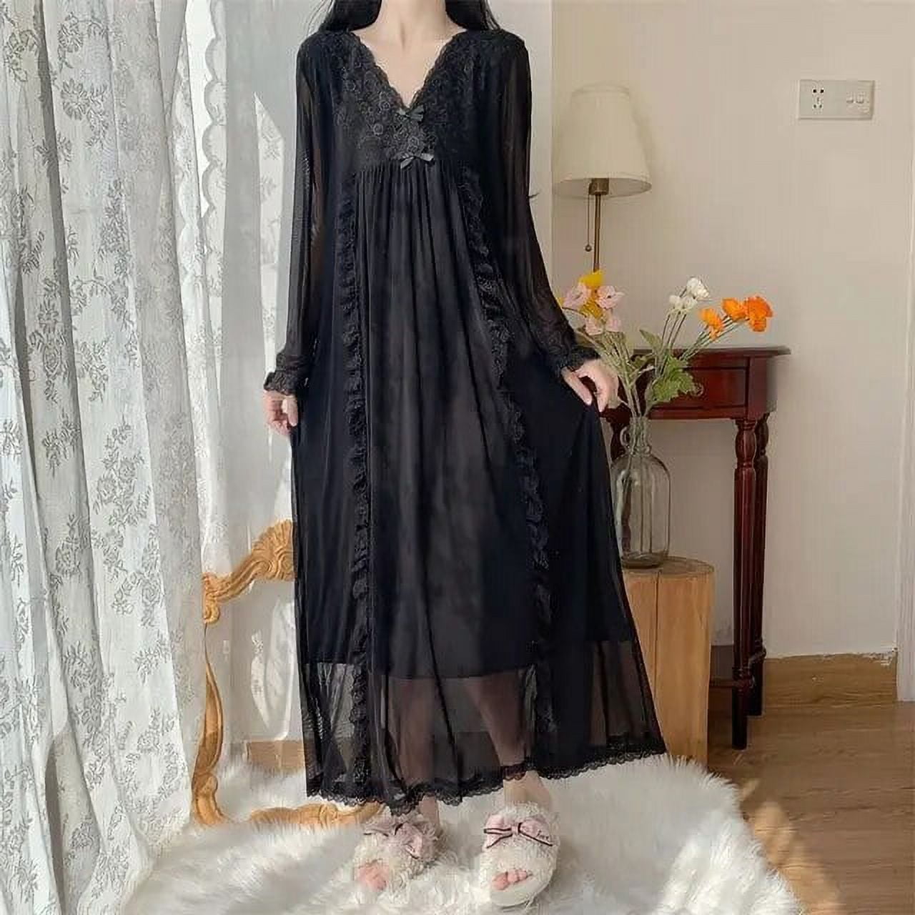 【MOODMOON】Eyelet lace Yoru Cotton Long Sleeve One Piece Municipal Lace Women Nightgown Ruffles Sleepwear Woman Long