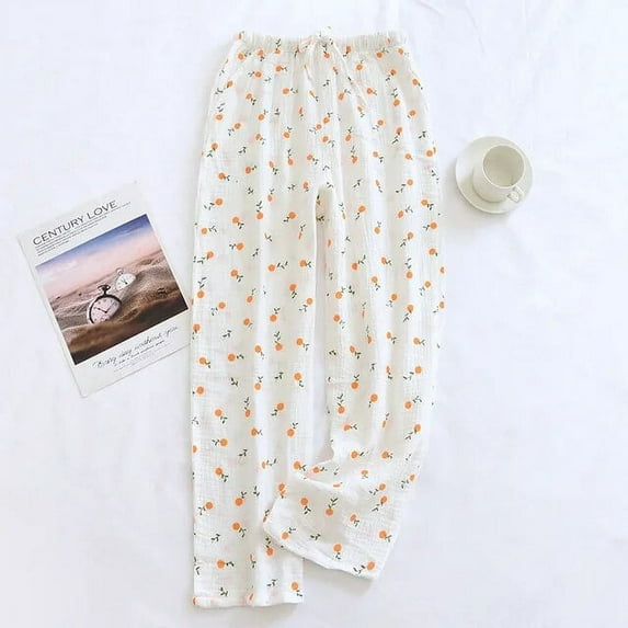 Municipal New100% Cotton Gauze Sleepwear Women's Cotton Long Pajamas Pants Women Loungewear Strawberry Print Autumn Loose Pants