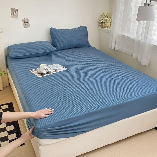 Municipal No Pop -Off Elastic Sheet,Solid Color Quilted Waterproof Urine -Proof Mattress Protector, Elderly and Children's Bedroom Mattress Topper,Blue,160x200cm (1pcs)