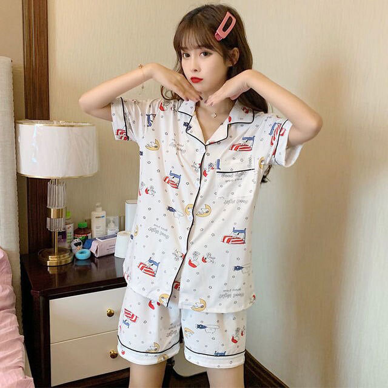 Inadays Women's Short Sleeve Pajama Set - Printed Capri Sleepwear, Cloud Cat Print, Size Small - View #9