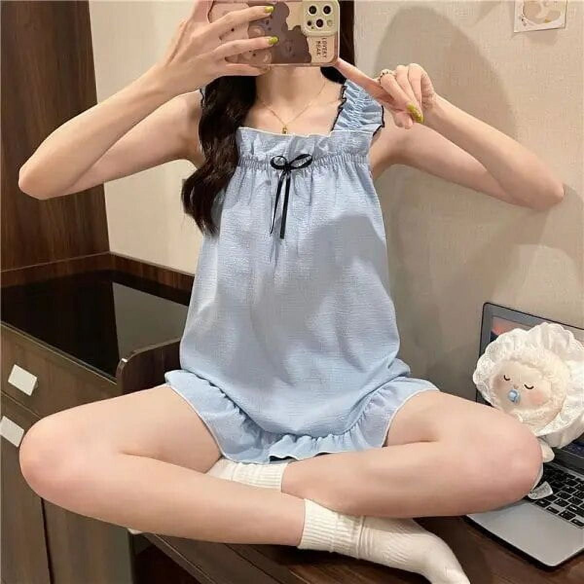 Municipal Style Sleepwear Womens Bow Summer Nightgown White Night Dress  Sleep Nightwear Ruffles Night Wears Spaghetti Strap Pajamas - Walmart.com
