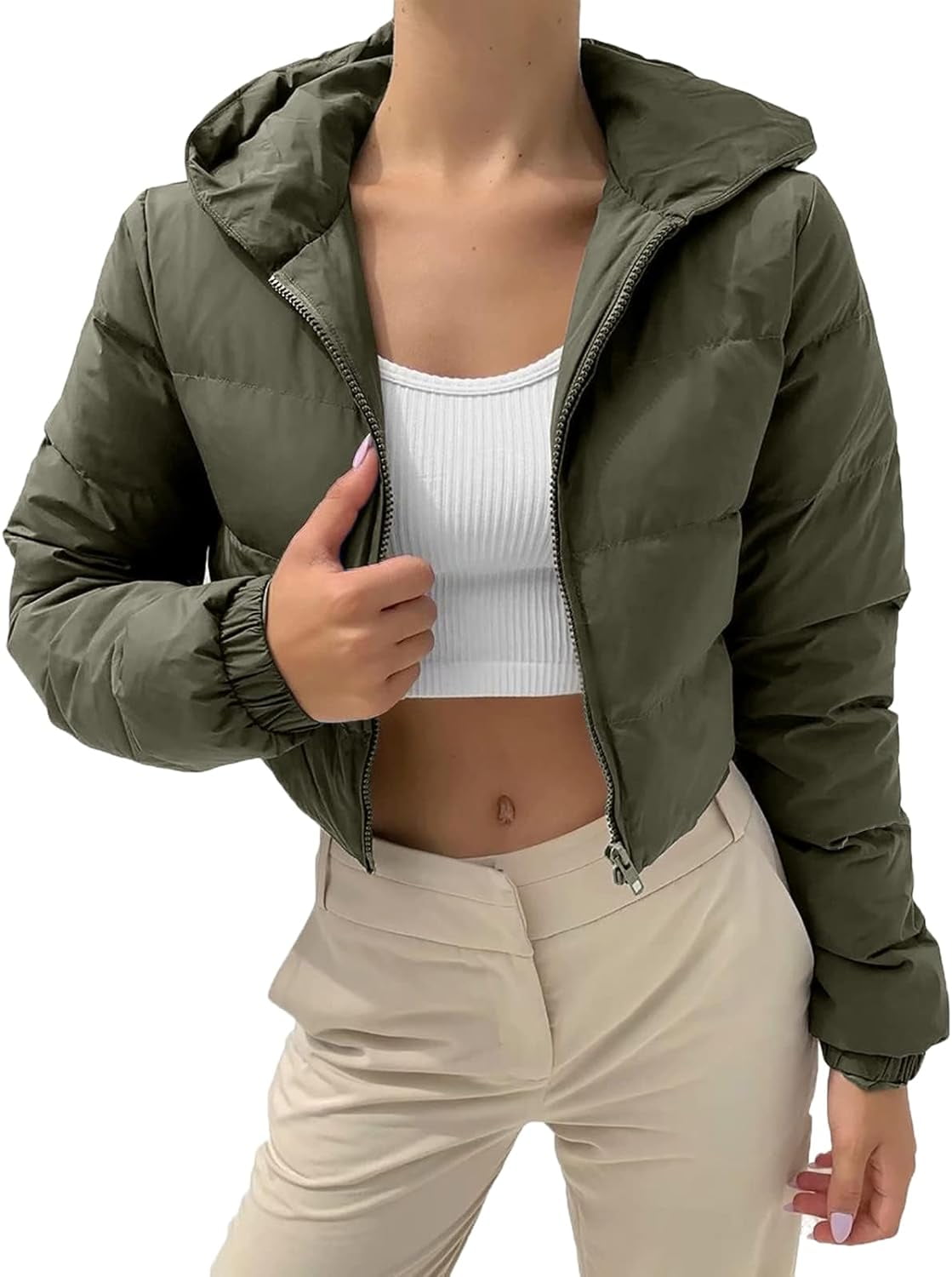 Municipal Women's Cropped Down Coats Winter Long Sleeve Zip Puffer ...