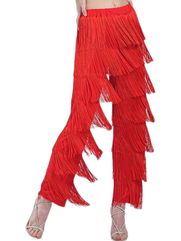 Women's Latin Dance Pants Tassel Ballroom Dance Professional Black Adult Fringe Rumba Tango Salsa Practice Pants