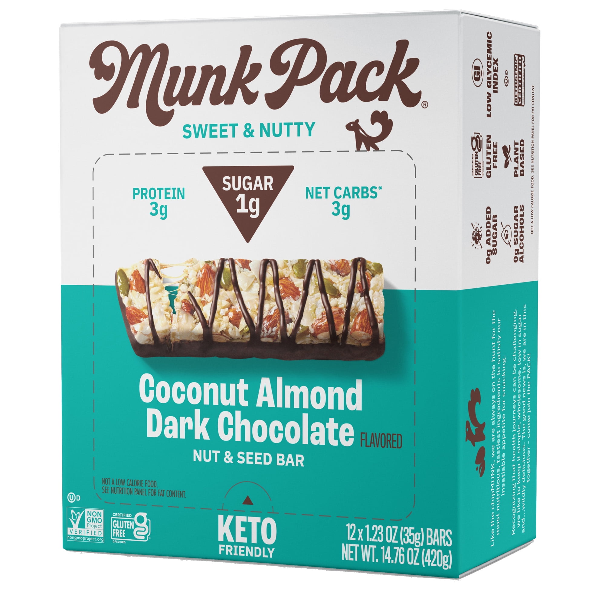 Munk Pack 1g Sugar Nut & Seed Bar, Coconut Almond Dark Chocolate, 12