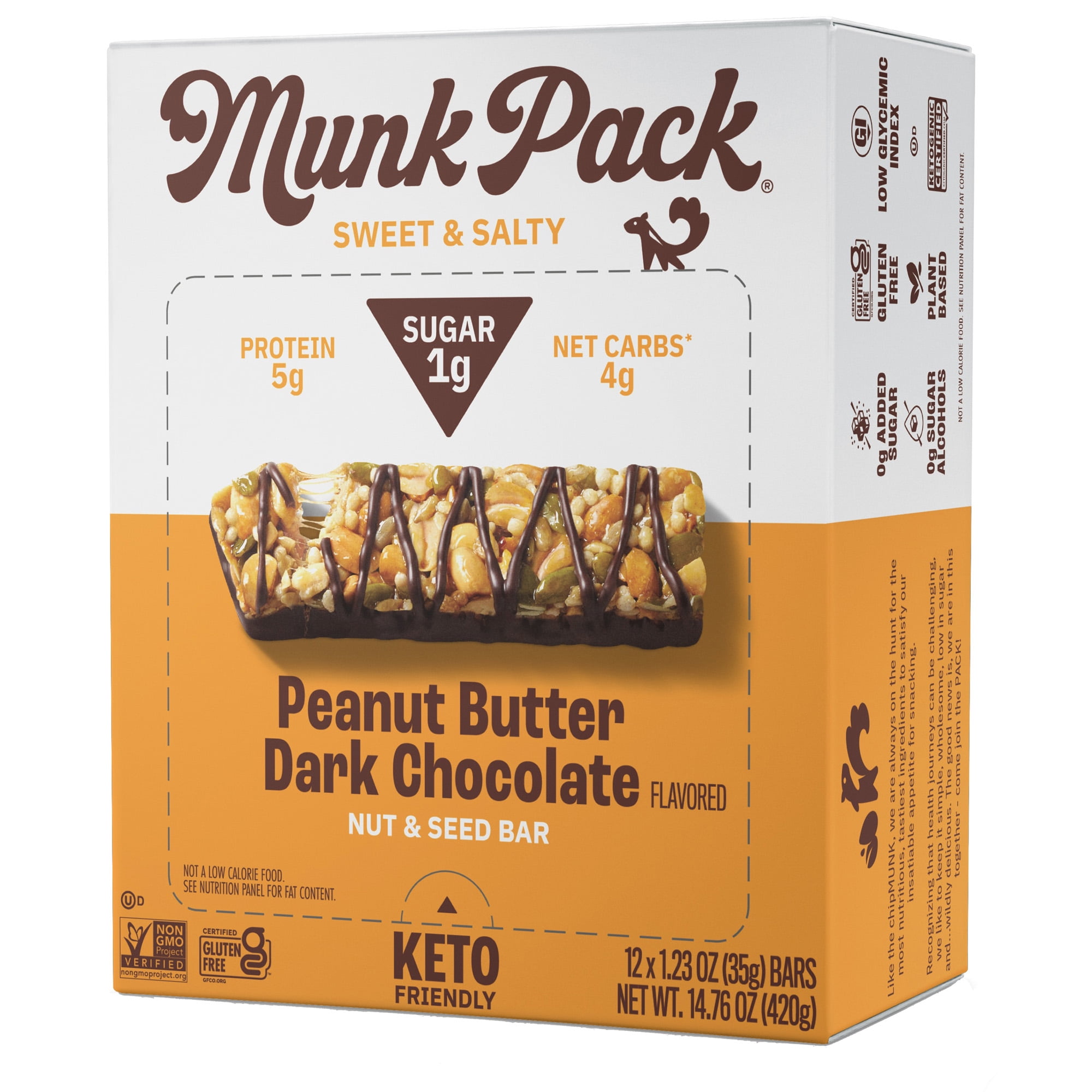 Munk Pack 1g Sugar Nut and Seed Bars, Peanut Butter Dark Chocolate, Box, 12 Pack