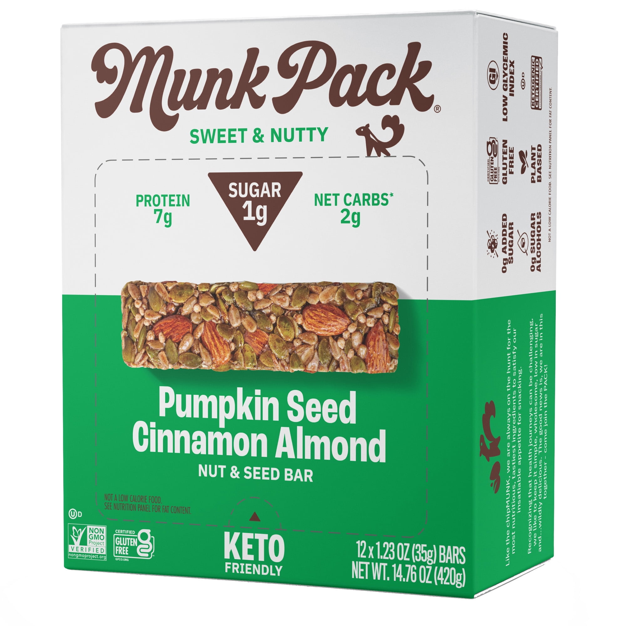 Munk Pack 1g Sugar Nut and Seed Bars, Pumpkin Seed Cinnamon Almond Keto
