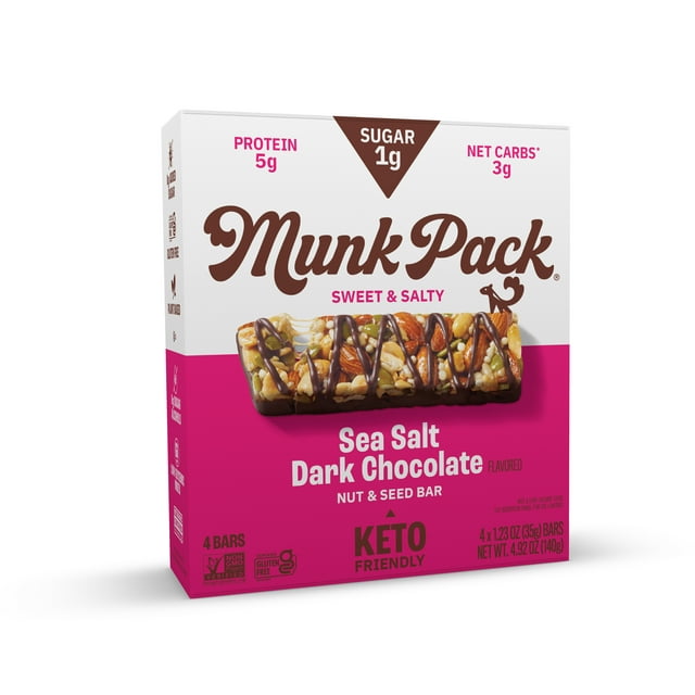 Munk Pack 1g Sugar Nut and Seed Bars, Sea Salt Dark Chocolate, 4 Count