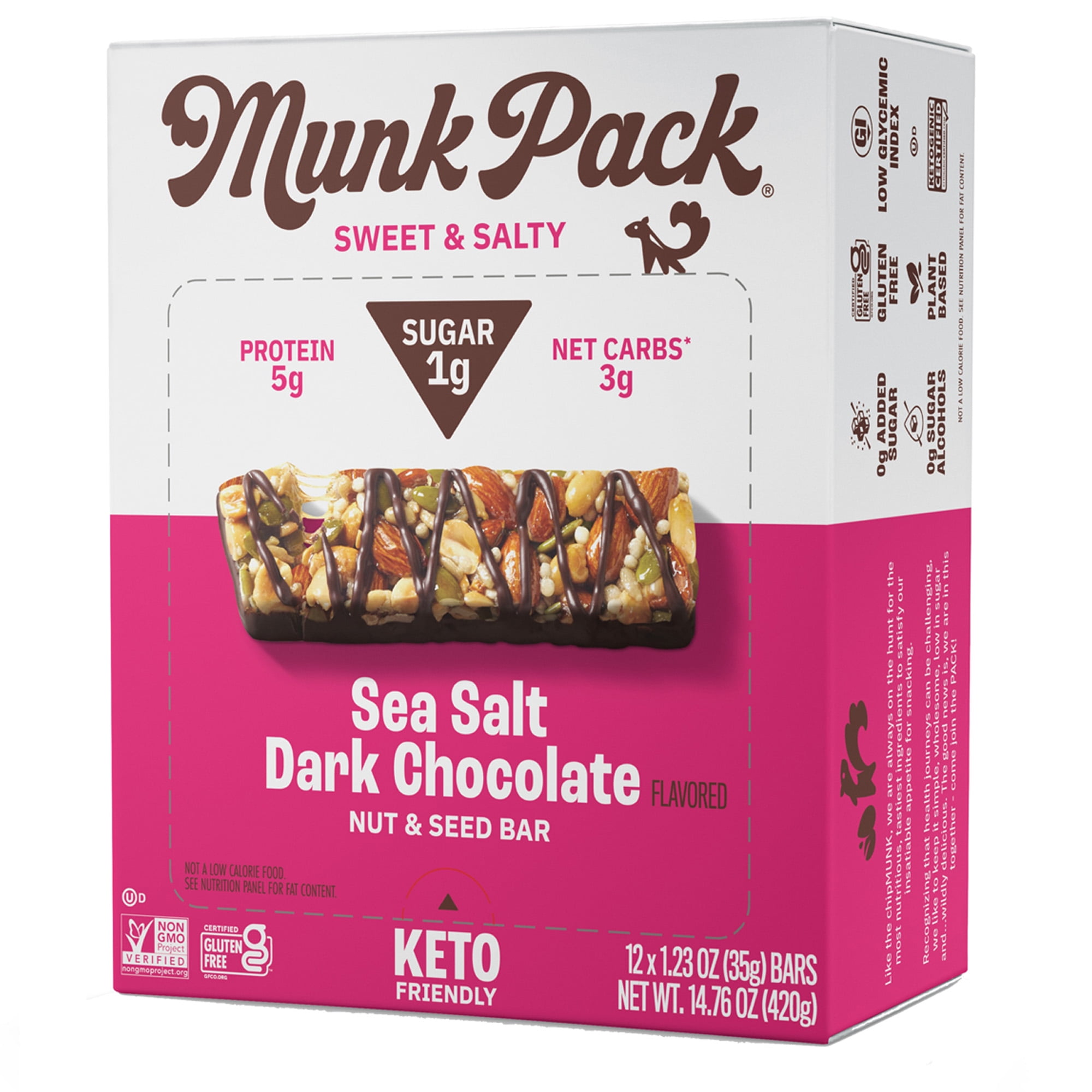 Munk Pack 1g Sugar Nut and Seed Bars, Sea Salt Dark Chocolate Keto, 12
