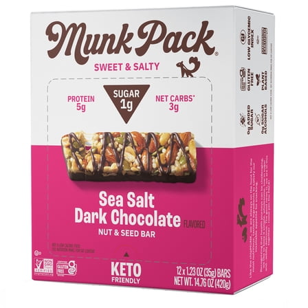Munk Pack 1g Sugar Nut and Seed Bars, Sea Salt Dark Chocolate Keto, 12 Count