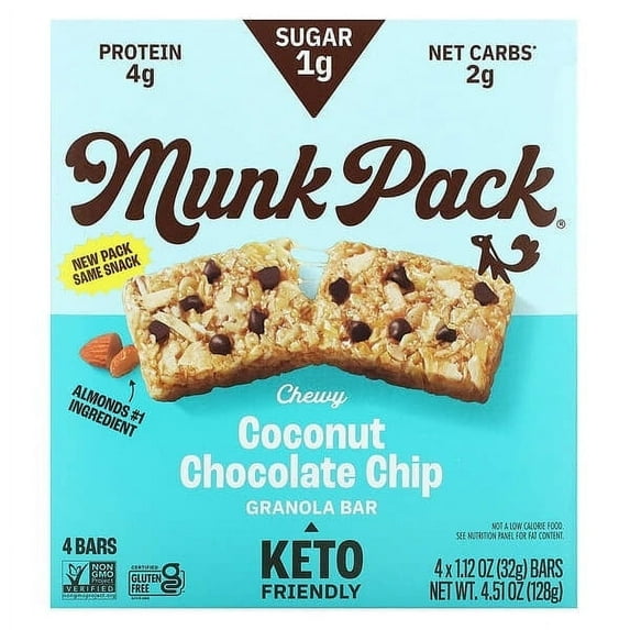 Munk Pack, Chewy Granola Bar, Coconut Chocolate Chip, 4 Bars, 1.12 oz Pack of 2