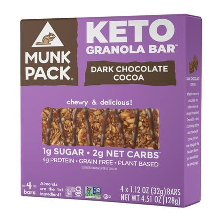 Munk Pack Keto Granola Bar, Dark Chocolate Cocoa, Gluten-Free, Shelf-Stable Box, 4 Count