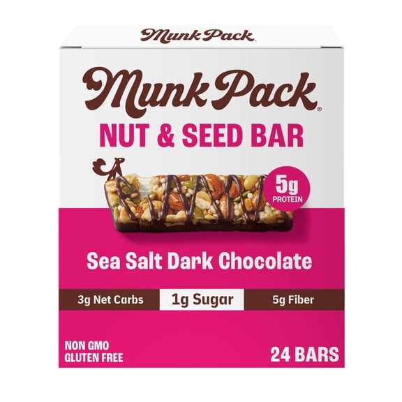 Munk Pack Nut & Seed Bars, Sea Salt Dark Chocolate, Prebiotic Probiotic GLP-1 Snack, Gut Friendly, 5g Fiber, 5g Plant Protein, Gluten Free, Keto, No Sugar Alcohols, 3g Net Carb, 24 Count