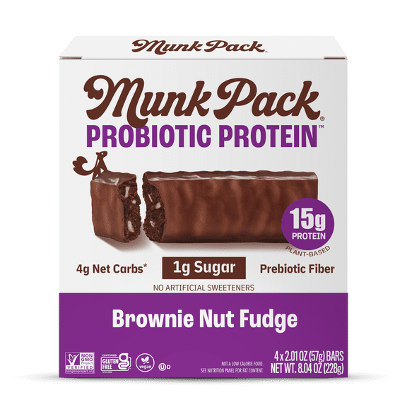 MUNK PACK Probiotic Protein Bars - Brownie - 15g Protein - Low Sugar - High-Fiber Vegan Snacks - 4 Count Box