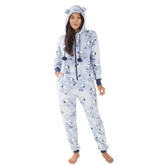 Munki Munki Ladies' Gift Plush One-Piece Hooded Pajama(Blue XL)