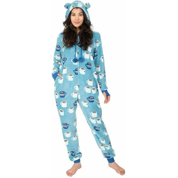 Munki Munki Ladies' Plush One Piece Hooded Pajama, Aqua/Cocoa Cups, Small