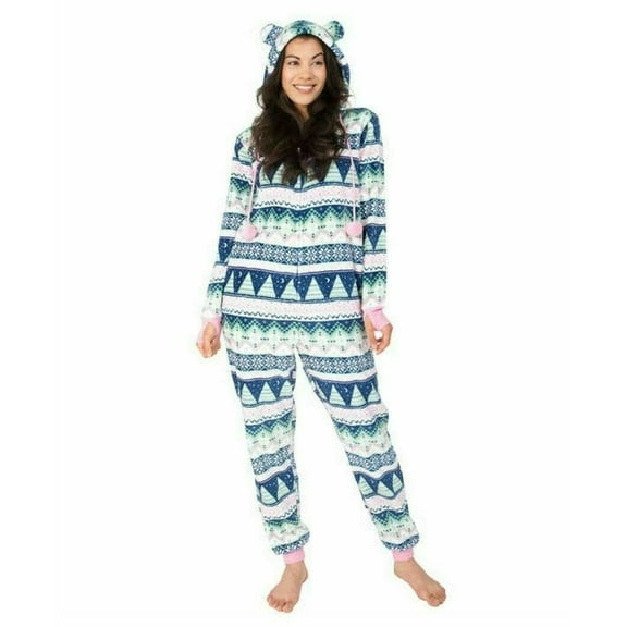 Munki Munki Ladies' Plush One Piece Pajama, Blue/Pink Large - NEW