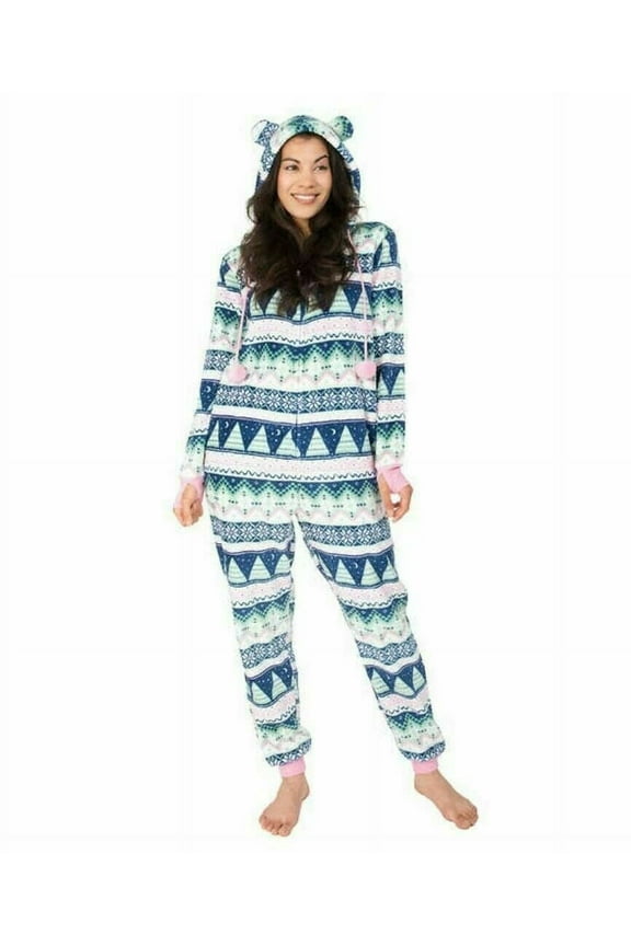 Ladies' Plush One Piece Pajama, Blue/Pink XS - NEW
