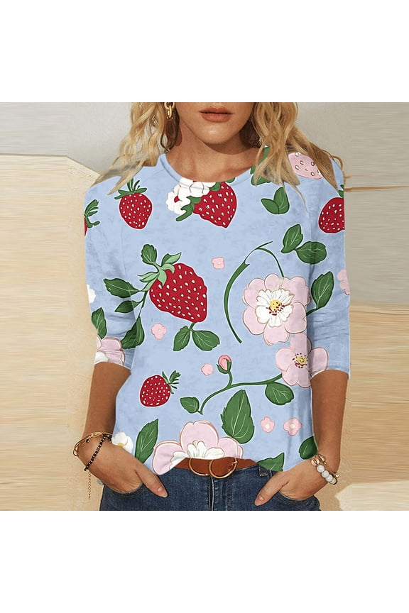 3/4 Sleeve Tops for Women Yellow Fashion 2024 Strawberry Print Summer Lightweight Crew Neck Blouses 2XL