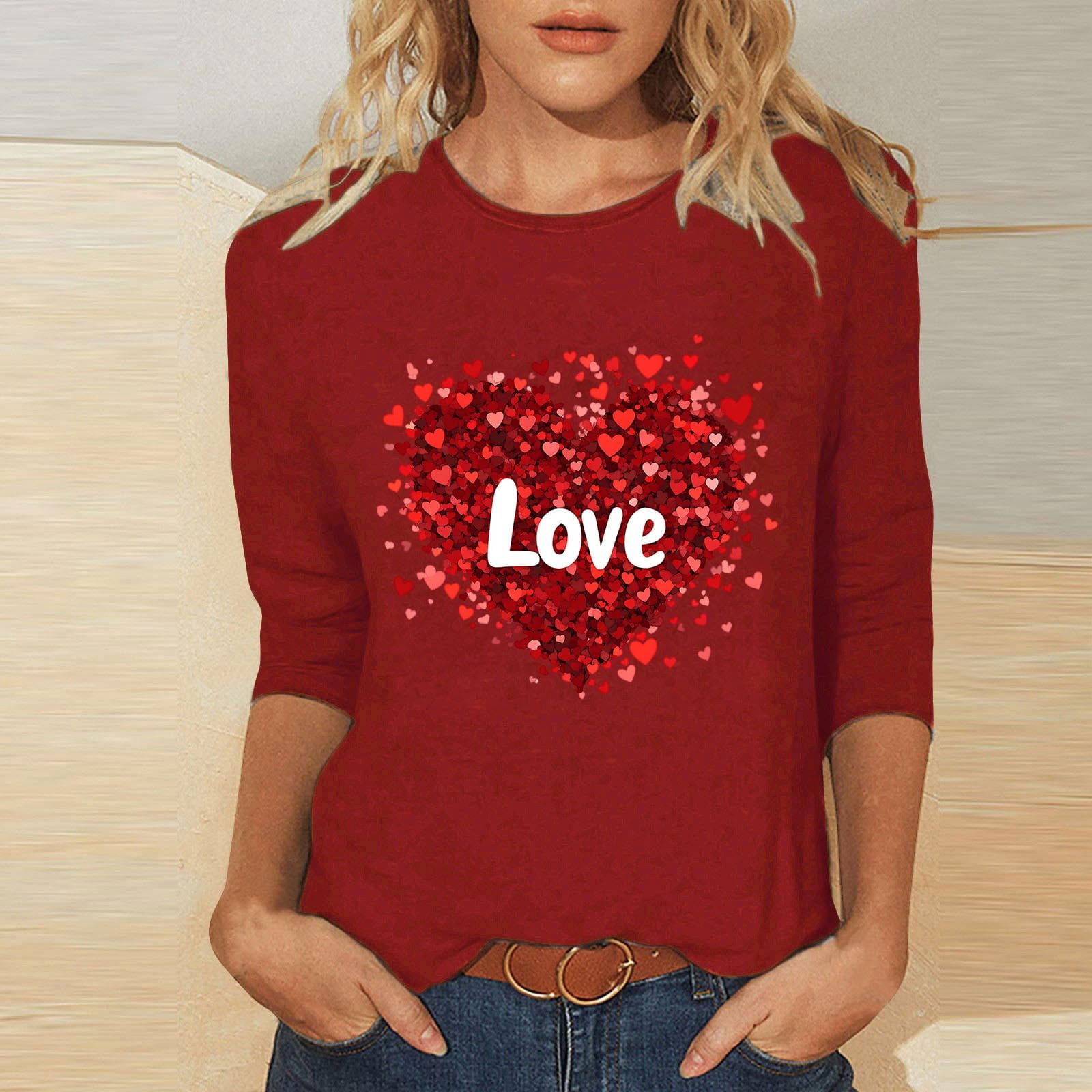 Women's Valentine's Day T-Shirt - Love Heart Print Raglan Sleeve Top, Red, Size X-Large