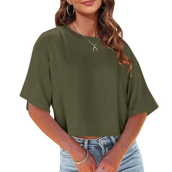 Munlar Army Green Women Tops Trendy Spring Blouses Short Sleeve Crew Neck Solid Color Loose Shirts M